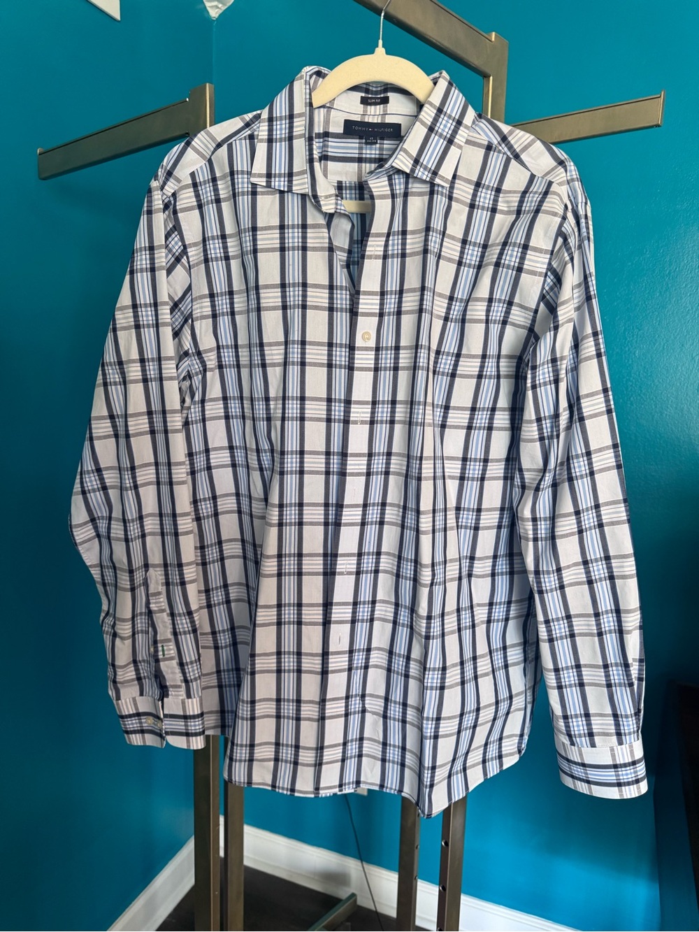 Tommy Hilfiger White & Navy Plaid Dress Shirt